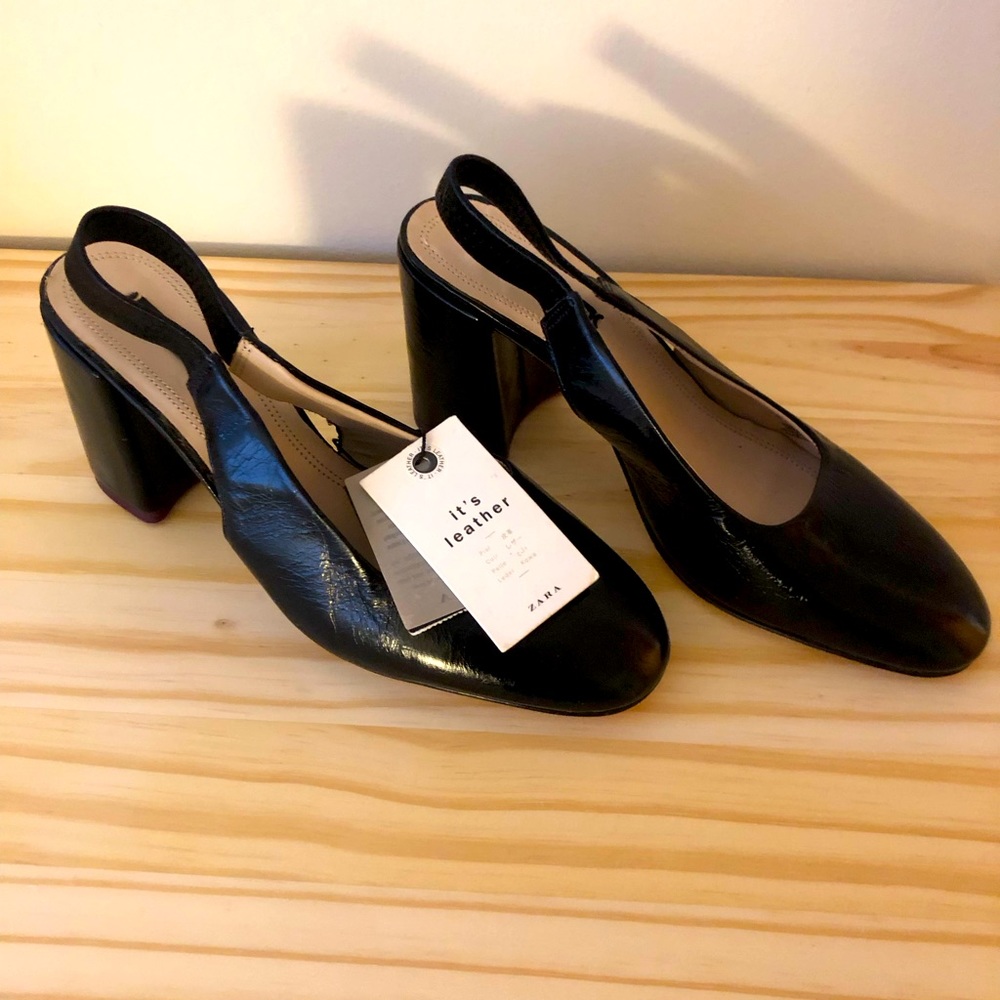 Black Real Leather Slingback Block Heels from Zara - Size 38 NWT